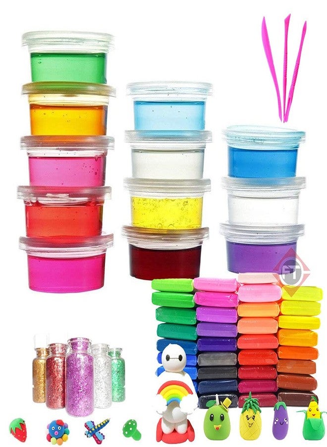 Firstly Traders Art & Craft Kit Party Combo Return Gift Item for Kids| Combo of 12pcs Crystal Slime Tubs+ 36pcs Air Dry Clay+ Modelling Tools+ Glitter Packs - Image 1